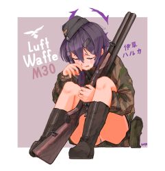 Rule 34 | 1girl, absurdres, alternate costume, artist name, bad id, bad pixiv id, blue archive, boots, border, brown footwear, camouflage, clenched teeth, closed eyes, crying, double-barreled shotgun, garrison cap, grey hat, gun, hair ornament, hairclip, halo, haruka (blue archive), hat, highres, holding, holding gun, holding weapon, luftwaffe, military, military hat, military uniform, pouch, purple background, purple hair, reichsadler, shotgun, simple background, sitting, soayo, solo, tears, teeth, uniform, weapon, wiping tears, world war ii