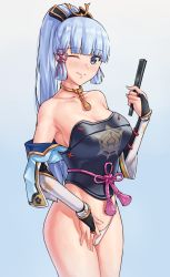 1girl armor ayaka_(genshin_impact) blue_eyes blue_hair blunt_bangs breastplate breasts bridal_gauntlets choker cleavage cowboy_shot genshin_impact hair_ornament hair_ribbon hand_fan hand_up high_ponytail holding holding_fan large_breasts light_blue_hair long_hair mole mole_under_eye no_pants one_eye_closed paid_reward_available panties parted_lips partially_undressed ponytail ribbon rope rope_belt sarhce smile solo tassel tress_ribbon underwear vambraces very_long_hair white_panties