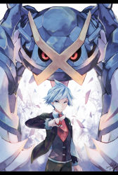 Rule 34 | 1boy, blue eyes, blue hair, closed mouth, collared shirt, commentary request, creatures (company), dated, game freak, gen 3 pokemon, hand up, highres, holding, holding poke ball, jacket, kabocha torute, long sleeves, metagross, nintendo, open clothes, open jacket, pants, poke ball, poke ball (basic), pokemon, pokemon (creature), pokemon oras, red neckwear, shirt, spiked hair, steven stone, vest, watermark, white shirt