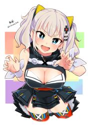 Rule 34 | 1girl, bare shoulders, black dress, blue eyes, blush, breasts, claw pose, cleavage, cleavage cutout, clothing cutout, commentary request, dress, hair ornament, highres, kaguya luna, kirikirimai (kkm), large breasts, looking at viewer, obi, open mouth, red thighhighs, ribbon, sash, short hair, silver hair, sleeveless, sleeves pushed up, solo, the moon studio, thighhighs, tongue, tongue out, twintails, twitter username, virtual youtuber, white ribbon, wrist ribbon, x hair ornament, zettai ryouiki