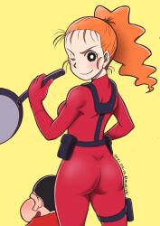 Rule 34 | 1boy, 1girl, ass, blush, bodysuit, breasts, character request, commentary request, crayon shin-chan, dated, from behind, frying pan, high ponytail, holding, holding frying pan, looking back, medium breasts, mochi-iri kinchaku, no sclera, nohara shinnosuke, one eye closed, orange hair, pouch, red bodysuit, twitter username, v-shaped eyebrows