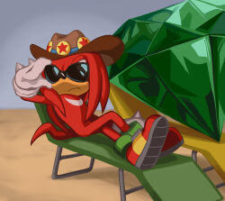 Rule 34 | 1boy, absurdres, adjusting eyewear, animal nose, brown hat, chair, closed mouth, commentary, cowboy hat, english commentary, full body, furry, furry male, gloves, hand on eyewear, hat, highres, knuckles the echidna, lounge chair, male focus, master emerald, red footwear, shoes, siggiedraws, solo, sonic (series), star (symbol), sunglasses, tail, white gloves