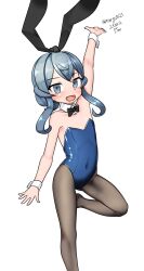 Rule 34 | 1girl, absurdres, aged down, animal ears, black bow, black bowtie, black pantyhose, blue eyes, blue hair, blue leotard, bow, bowtie, detached collar, feet out of frame, flat chest, gotland (kancolle), highres, kantai collection, leotard, long hair, maru (marg0613), mole, mole under eye, one-hour drawing challenge, pantyhose, playboy bunny, rabbit ears, simple background, smile, solo, standing, standing on one leg, strapless, strapless leotard, white background, wrist cuffs