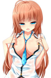 Rule 34 | 1girl, antenna hair, between breasts, blouse, blue eyes, blue necktie, blush, breasts, brown hair, collared shirt, half-closed eyes, highres, large breasts, long hair, necktie, no bra, open clothes, open mouth, original, plaid, plaid necktie, plaid neckwear, see-through, shirt, simple background, solo, syroh, very long hair, wet, wet clothes, wet shirt, white background, white shirt, wide hips