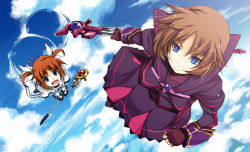 Rule 34 | 2girls, bad id, bad pixiv id, blue eyes, brown hair, chasing, cloud, cloudy sky, day, fingerless gloves, flying, gloves, luciferion, lyrical nanoha, magazine (weapon), magical girl, mahou shoujo lyrical nanoha, mahou shoujo lyrical nanoha a&#039;s, mahou shoujo lyrical nanoha a&#039;s portable: the battle of aces, mahou shoujo lyrical nanoha innocent, multiple girls, purple eyes, raising heart, raising heart (accel mode) (2nd), red hair, shikei, sky, stern the destructor, takamachi nanoha, takamachi nanoha (sacred mode) (2nd)