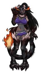 Rule 34 | 1girl, animal ears, animal hands, artist name, bare shoulders, black hair, black sclera, black skin, blush, breasts, claws, cleavage, colored sclera, colored skin, commentary, commission, english commentary, facial mark, fangs, fire, flame-tipped tail, full body, fur, fur collar, fur trim, fusion, hair between eyes, hair intakes, hellhound (monster girl encyclopedia), hhhori, jinko (monster girl encyclopedia), large breasts, long hair, looking at viewer, monster girl, monster girl encyclopedia, monster girl encyclopedia ii, multicolored hair, naughty face, navel, open mouth, purple tank top, red eyes, sleeveless, smile, solo, standing, streaked hair, tail, tank top, tiger ears, tiger tail, two-tone hair, very long hair, whisker markings, white hair