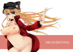 Rule 34 | 10s, 1girl, :q, animal hat, blonde hair, blue eyes, breasts, cat hat, cum, english text, evangelion: 3.0 you can (not) redo, eyepatch, facial, hat, jacket, kaiten-max 1831, large breasts, long hair, mzne (mizunoe), naked jacket, neon genesis evangelion, nipples, nude, open clothes, open jacket, rebuild of evangelion, solo, souryuu asuka langley, tongue, tongue out, track jacket