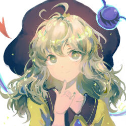 Rule 34 | 1girl, black hat, bright pupils, closed mouth, collared shirt, commentary request, dianguang qishi, finger to own chin, green eyes, green hair, green nails, green pupils, hat, highres, komeiji koishi, long hair, nail polish, shirt, smile, solo, sparkle, third eye, touhou, yellow shirt