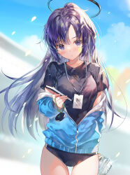 Rule 34 | 1girl, black shirt, blue archive, blue jacket, blue sky, blush, bottle, breasts, cellphone, closed mouth, cloud, cloudy sky, commentary request, day, facial mark, hair between eyes, halo, hand in pocket, hand up, highres, holding, holding bottle, holding phone, jacket, long hair, long sleeves, looking at viewer, medium breasts, miwabe sakura, open clothes, open jacket, petals, phone, pocket, ponytail, puffy long sleeves, puffy sleeves, purple eyes, purple hair, shirt, short sleeves, sky, smartphone, solo, sparkle, standing, star (symbol), star facial mark, swimsuit, t-shirt, track jacket, water bottle, yuuka (blue archive), zipper