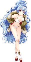 Rule 34 | 1girl, agekichi (heart shape), artwhirl mahou gakuen no otome-tachi, bare legs, bikini, blue hair, braid, breasts, brown coat, cleavage, closed mouth, coat, collarbone, crown braid, curly hair, full body, fur-trimmed coat, fur trim, gloves, gluteal fold, goggles, goggles on head, hair between eyes, leaning forward, long hair, long sleeves, looking at viewer, medium breasts, multi-strapped bikini, open clothes, open coat, red eyes, red gloves, sideboob, silvia (artwhirl), single braid, smile, solo, standing, swimsuit, tachi-e, thigh gap, transparent background, very long hair, white bikini