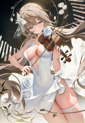Rule 34 | 1girl, absurdres, blonde hair, blush, bow (music), breasts, closed mouth, commentary request, covered navel, dress, dress flower, dutch angle, earrings, flower, green eyes, hair between eyes, hair ornament, hair ribbon, highres, holding, holding instrument, holding violin, houkisei, instrument, jewelry, large breasts, long hair, low twintails, medium breasts, momoko (houkisei), music, necklace, original, pearl necklace, playing instrument, ribbon, rose, side slit, sleeveless, sleeveless dress, smile, solo, thigh strap, twintails, very long hair, violin, white dress, white flower, white ribbon, white rose