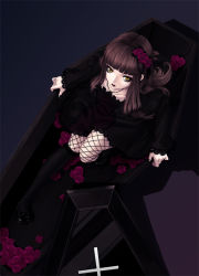 Rule 34 | brown hair, coffin, cross, dark, fishnet thighhighs, fishnets, flower, glowing, glowing eyes, goth fashion, hair flower, hair ornament, jewelry, kneehighs, kunishige keiichi, lace, lips, lipstick, long hair, makeup, necklace, rose, socks, solo, thighhighs, yellow eyes