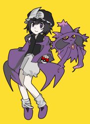 Rule 34 | 1other, bare shoulders, black hair, black headwear, black shirt, boots, closed mouth, collared shirt, colored sclera, creatures (company), crossover, frilled hat, frills, full body, game freak, gen 4 pokemon, hat, high collar, highres, holding, holding poke ball, hood, hood down, hooded jacket, jacket, kysk maki, len&#039;en, long sleeves, looking at viewer, mismagius, mob cap, nintendo, open clothes, open jacket, other focus, parody, poke ball, pokemon, pokemon (creature), purple eyes, purple footwear, purple jacket, red eyes, shirt, shitodo kuroji, short hair, shorts, shoulder peek, sleeveless, sleeveless shirt, sleeves past wrists, slit pupils, smile, style parody, triangular headpiece, v-shaped eyebrows, white leg warmers, white shorts, wide sleeves, witch hat, yellow background, yellow sclera