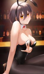 Rule 34 | 1girl, absurdres, alcohol, animal ears, bar (place), black leotard, black pantyhose, bow, bowtie, breasts, brown hair, chinese commentary, cleavage, commentary request, counter, cowboy shot, detached collar, highres, kom-fan, large breasts, leotard, liquor, original, pantyhose, playboy bunny, rabbit ears, red bow, red bowtie, shelf, short hair, sitting, solo, strapless, strapless leotard, yellow eyes
