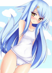 Rule 34 | 1girl, arms behind back, bad id, bad pixiv id, bare shoulders, blue hair, blush, cameltoe, collarbone, hair ornament, hairclip, lapis (mikan), looking at viewer, mikan (5555), one-piece swimsuit, original, outline, school swimsuit, solo, star (symbol), swimsuit, tail, white one-piece swimsuit, yellow eyes