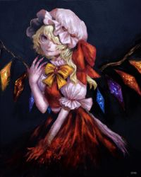Rule 34 | 1girl, blonde hair, blood, bow, chain, commentary, dark background, flandre scarlet, hair over one eye, hand up, hat, highres, johnalay, light smile, looking at viewer, mob cap, painting (medium), red eyes, solo, swept bangs, touhou, traditional media, wings