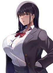 Rule 34 | 1girl, black hair, blue eyes, bow, bowtie, bra visible through clothes, breasts, hand in pocket, highres, huge breasts, jacket, large breasts, long hair, long sleeves, looking at viewer, open clothes, open jacket, original, red bow, red bowtie, school uniform, shirt, solo, tsukunendo, upper body, white background