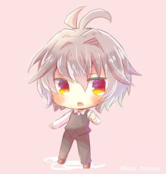 Rule 34 | 1boy, :o, antenna hair, black jacket, black pants, blush, brown footwear, brown hair, chibi, collared shirt, commentary request, fate/grand order, fate (series), full body, hair between eyes, jacket, kou hiyoyo, long sleeves, male focus, open mouth, pants, pink background, red eyes, shirt, sieg (fate), sleeveless, sleeveless jacket, solo, standing, twitter username, white shirt