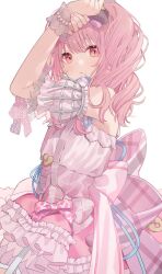 Rule 34 | 1girl, 1other, akiyama mizuki, androgynous, arms up, bare shoulders, bead bracelet, beads, bow, bracelet, chiri (ch!), closed mouth, detached sleeves, dress, dress bow, frilled dress, frills, jewelry, looking at viewer, pink bow, pink dress, pink eyes, pink hair, project sekai, puffy sleeves, side ponytail, simple background, sleeveless, solo, too many, too many frills, upper body, white background