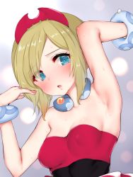 Rule 34 | 1girl, armpits, arms up, blonde hair, blue eyes, blush, bracelet, breasts, cleavage, collarbone, covered erect nipples, creatures (company), dress, game freak, gradient background, grey background, hairband, highres, irida (pokemon), jewelry, neck ring, nintendo, open mouth, pokemon, pokemon legends: arceus, presenting armpit, red dress, red hairband, rocha (aloha ro cha), short hair, small breasts, solo, strapless, strapless dress, sweat, upper body