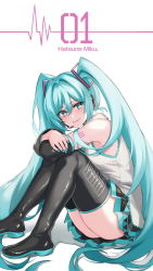 Rule 34 | 1girl, aqua eyes, aqua hair, aqua nails, arms on knees, black footwear, black skirt, black sleeves, blush, boots, character name, closed mouth, commentary, detached sleeves, grey shirt, hair between eyes, hair intakes, hair ornament, hatsune miku, headset, highres, inue ao, light smile, long hair, looking at viewer, nail polish, number tattoo, pleated skirt, shirt, simple background, sitting, skirt, sleeveless, sleeveless shirt, solo, sound wave, tattoo, thigh boots, twintails, very long hair, vocaloid, white background