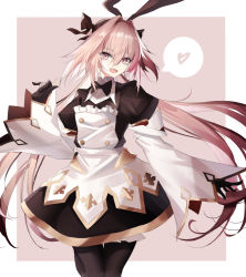 Rule 34 | 1boy, astolfo (fate), astolfo (saber) (fate), astolfo (saber) (third ascension) (fate), black bow, black bowtie, black dress, black gloves, black ribbon, black thighhighs, blush, border, bow, bowtie, buttons, dress, fate/grand order, fate (series), gloves, hair between eyes, hair intakes, heart, highres, juliet sleeves, layered skirt, liu liu, long hair, long sleeves, looking at viewer, low twintails, male focus, multicolored hair, open mouth, pink background, puffy sleeves, ribbon, skirt, smile, solo, spoken heart, streaked hair, thighhighs, trap, twintails, white border, white hair, wide sleeves, wing collar