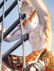 Rule 34 | 1boy, abs, arknights, armpits, arms up, axianorange, chinese commentary, climbing ladder, colored tips, commentary request, furry, furry male, highres, horns, hung (arknights), komainu boy, komainu ears, male focus, multicolored hair, orange eyes, pectorals, rope ladder, single horn, sky, topless male