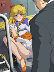 Rule 34 | aino minako, bathroom, bishoujo senshi sailor moon, blonde hair, blush, censored, chain, clothes lift, clothing aside, collar, crying, crying with eyes open, dildo, earrings, female masturbation, gloves, grabbing own breast, hair ribbon, highres, hypnosis, imminent rape, japanese text, jewelry, leash, leotard, leotard aside, leotard pull, leotard under clothes, long glove, looking at another, masturbation, mind control, mosaic censoring, no shoes, no socks, open mouth, public bathroom, public bondage, public indecency, public masturbation, public nudity, public use, ribbon, sailor venus, sex slave, sex toy, skirt, skirt lift, slave, squatting, tarekatsu, tearing up, tears, thighs, tiara, toilet, toilet seat, toilet stall, tongue