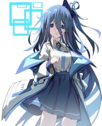 Rule 34 | 1girl, absurdres, afindex, aris (blue archive), blue archive, blue hair, blue necktie, blue skirt, collared shirt, halo, highres, jacket, long hair, long sleeves, looking at viewer, necktie, one side up, parted lips, pleated skirt, rectangular halo, shirt, skirt, solo, very long hair, white background, white jacket, white shirt