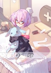 Rule 34 | &gt; &lt;, 1girl, :3, :q, bare shoulders, between legs, black shirt, blue eyes, closed mouth, commentary request, english text, glasses, glasses case, hair between eyes, hair ornament, hairclip, hand between legs, highres, indoors, long sleeves, mo (pixiv9929995), no shoes, hugging object, off shoulder, on bed, one side up, original, pantyhose, unworn pantyhose, pillow, pink hair, red-framed eyewear, seiza, semi-rimless eyewear, shirt, sitting, sleeves past fingers, sleeves past wrists, smile, solo, stuffed animal, stuffed rabbit, stuffed toy, thighhighs, tongue, tongue out, under-rim eyewear, watermark, white thighhighs, wooden floor