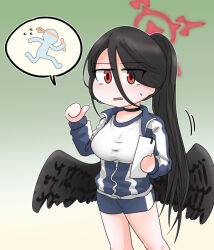 Rule 34 | 1girl, black hair, black wings, blue archive, breasts, c/h, clipboard, feathered wings, hair between eyes, halo, hasumi (blue archive), hasumi (track) (blue archive), headband, jacket, large breasts, parted lips, ponytail, red eyes, relay baton, relay race, shorts, solo, speech bubble, sweatdrop, track jacket, wings