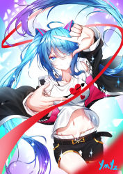 Rule 34 | 1girl, absurdres, bare legs, blue eyes, blue hair, breasts, eyebrows hidden by hair, hair over one eye, hatsune miku, highres, jacket, long hair, looking at viewer, ribbon, shirt, shorts, smile, solo, stomach, twintails, vocaloid, ymyz