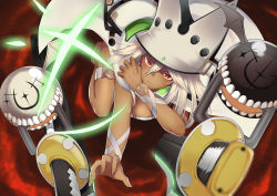 Rule 34 | 1girl, aotake iro, belt bra, breasts, cape, cleavage, closed mouth, commentary request, dark-skinned female, dark skin, guilty gear, guilty gear xrd, hat, highres, long hair, looking at viewer, medium breasts, orange eyes, ramlethal valentine, solo, thigh strap, white hair