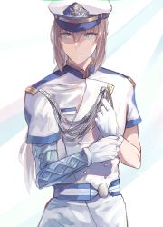 Rule 34 | 1boy, absurdres, adjusting clothes, adjusting gloves, aiguillette, airgetlam (fate), aqua eyes, bedivere (fate), bedivere (knights of marines) (fate), belt, blonde hair, blue belt, buttons, double-breasted, fate/grand order, fate (series), gloves, hair between eyes, hat, highres, jacket, lapels, long hair, looking to the side, male focus, maru (ma-ru8), official alternate costume, peaked cap, prosthesis, prosthetic arm, short sleeves, simple background, smile, solo, upper body, white gloves, white hat, white jacket