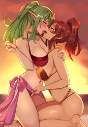 Rule 34 | 2girls, alternate costume, anna (fire emblem), backlighting, barefoot, bikini, breasts, brown bikini, cleavage, crotchless, crotchless bikini, feet, fingering, fire emblem, fire emblem awakening, fire emblem heroes, from side, green eyes, green hair, kiss, lainart, multiple girls, nintendo, official alternate costume, pointy ears, ponytail, pussy, red bikini, red eyes, red hair, swimsuit, tiki (adult) (fire emblem), tiki (adult) (summer) (fire emblem), tiki (fire emblem), uncensored, yuri