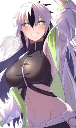 Rule 34 | 1girl, black hair, breasts, clothes over shoulder, coat, crop top, cropped shirt, fate/grand order, fate (series), formal, green coat, green eyes, hair between eyes, highres, jacket, long hair, long sleeves, looking at viewer, midriff, multicolored clothes, multicolored coat, multicolored hair, multicolored jacket, nagao kagetora (fate), navel, open clothes, shirt, sleeveless, smile, solo, striped clothes, striped jacket, striped suit, suit, two-tone coat, two-tone hair, two-tone jacket, uesugi kenshin (fate), uesugi kenshin (second ascension) (fate), umi endu, white hair, white jacket