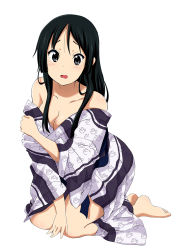 Rule 34 | 1girl, akiyama mio, bad id, bad pixiv id, bare shoulders, barefoot, black hair, blush, breasts, cleavage, embarrassed, feet, full body, grey eyes, highres, hime cut, japanese clothes, k-on!, kimono, kneeling, long hair, looking at viewer, medium breasts, official style, open mouth, partially undressed, ragho no erika, round teeth, simple background, solo, tears, teeth, white background, yukata