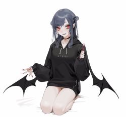 Rule 34 | 1girl, bad id, bad twitter id, bare legs, black choker, black hair, black hoodie, black nails, blush, breasts, choker, clothes writing, collarbone, commentary request, demon girl, double bun, ear piercing, female pubic hair, fingernails, full body, hair bun, highres, hood, hood down, hoodie, long hair, long sleeves, looking at viewer, medium breasts, nail polish, ohisashiburi, open mouth, original, piercing, pubic hair, red eyes, red nails, seiza, side bun, sidelocks, simple background, single side bun, sitting, sleeves past wrists, smile, solo, translation request, white background, wings