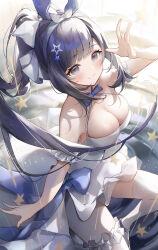 Rule 34 | 1girl, a-soul, arm cuffs, bella (a-soul), black hair, blue bow, blue hairband, blush, bow, breasts, cleavage, closed mouth, commentary, commission, dress, floating hair, hair bow, hair ornament, hairband, halterneck, hand up, highres, large breasts, long hair, looking at viewer, metatarou, mole, mole under eye, ponytail, purple eyes, sidelocks, skeb commission, sleeveless, sleeveless dress, smile, solo, star (symbol), star hair ornament, thighhighs, virtual youtuber, white dress, white thighhighs