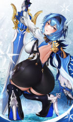 Rule 34 | 1girl, absurdres, ass, ass focus, blue hair, blush, boots, breasts, cape, eula (genshin impact), from behind, genshin impact, gloves, greatsword, hair ornament, hairband, high heel boots, high heels, highres, huge ass, large breasts, leotard, long hair, looking at viewer, looking back, orange eyes, shiny clothes, shiny skin, sideboob, smile, solo, squatting, sword, thigh boots, thighhighs, thighs, weapon, ytoy