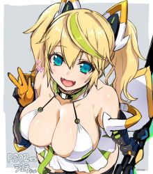 Rule 34 | 1girl, :d, aqua eyes, bare shoulders, black thighhighs, blonde hair, breasts, cleavage, dress, elbow gloves, fangs, from above, gauntlets, gene (pso2), gloves, hair between eyes, halterneck, headgear, highres, large breasts, looking at viewer, looking up, open mouth, phantasy star, phantasy star online 2, short dress, sketch, smile, solo, thighhighs, twintails, white dress, yajiro masaru