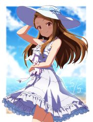 Rule 34 | 1girl, absurdres, arm up, bare shoulders, beach, blue ribbon, blue sky, blurry, blurry background, blush, bow, breasts, brown eyes, brown hair, closed mouth, cowboy shot, dot nose, dress, frilled dress, frills, from side, gen (renoir1124), happy birthday, hat, hat ribbon, highres, holding, holding clothes, holding hat, holding stuffed toy, idolmaster, idolmaster (classic), idolmaster million live!, idolmaster million live! theater days, long hair, looking at viewer, medium breasts, minase iori, ocean, red eyes, ribbon, sky, sleeveless, sleeveless dress, smile, solo, stuffed animal, stuffed rabbit, stuffed toy, waist bow, white bow, white dress, white hat