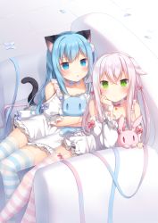 Rule 34 | 2girls, :o, amashiro natsuki, animal ears, arm support, bad id, bad pixiv id, blue eyes, blue hair, blue ribbon, blush, bow, cat ears, cat girl, cat tail, choker, closed mouth, commentary request, couch, dress, ears down, garter straps, green eyes, hair between eyes, hair bow, hair ornament, head rest, highres, long hair, long sleeves, looking at viewer, multiple girls, on couch, one side up, original, parted lips, petals, pink bow, pink ribbon, puffy short sleeves, puffy sleeves, rabbit ears, ribbon, short sleeves, silver hair, sitting, slit pupils, striped clothes, striped legwear, striped thighhighs, stuffed animal, stuffed cat, stuffed rabbit, stuffed toy, tail, thighhighs, tile floor, tiles, very long hair, white choker, white dress