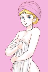 Rule 34 | 1girl, aobito sukoyaka bystander, blonde hair, blue eyes, breasts, cleavage, closed mouth, covering privates, gundam, highres, looking at viewer, mobile suit gundam, naked towel, nude cover, pink background, sayla mass, short hair, simple background, solo, towel
