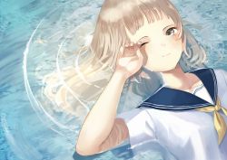 Rule 34 | 1girl, arm up, bad id, bad pixiv id, blue sailor collar, blush, closed mouth, commentary request, day, grey eyes, highres, light brown hair, long hair, looking at viewer, lying, neckerchief, on back, one eye closed, original, outdoors, ripples, rubbing eyes, sailor collar, school uniform, serafuku, shallow water, shii (kairi-t-k0317), shirt, short sleeves, solo, water, white shirt, yellow neckerchief