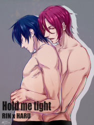 Rule 34 | 10s, 2boys, bad id, bad pixiv id, black hair, candytang442494812, character name, english text, free!, hug, hug from behind, male focus, matsuoka rin, multiple boys, nanase haruka (free!), no nipples, open mouth, red eyes, red hair, topless male, short hair, smile, yaoi