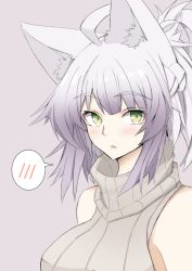 Rule 34 | 1girl, ahoge, animal ears, atalanta (fate), atalanta alter (fate), bare shoulders, beige sweater, blush, breasts, cat ears, commentary request, fate (series), green eyes, grey background, large breasts, long hair, looking at viewer, multicolored hair, nahu, simple background, solo, sweater, turtleneck, turtleneck sweater, two-tone hair, white hair