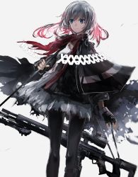 Rule 34 | 1girl, bipod, black gloves, black pantyhose, blue eyes, capelet, closed mouth, dress, expressionless, fingerless gloves, gloves, gradient hair, grey background, grey dress, grey hair, gun, gun sling, highres, long hair, looking to the side, multicolored hair, original, pantyhose, pink hair, rifle, scope, simple background, sniper rifle, solo, standing, swav, tosk (swav-coco), weapon
