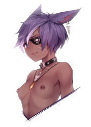 Rule 34 | 1girl, animal ears, black choker, borrowed character, breasts, cat ears, cat girl, choker, commentary, dark-skinned female, dark skin, english commentary, eyepatch, female focus, final fantasy, final fantasy xiv, gem, highres, jewelry, looking at viewer, miqo&#039;te, navel, necklace, nipples, purple eyes, purple hair, ricegnat, short hair, simple background, small breasts, solo, upper body, warrior of light (ff14), white background