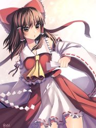 Rule 34 | 1girl, 8931ponzu, ascot, blush, bow, brown eyes, brown hair, collarbone, detached sleeves, embellished costume, frilled shirt collar, frills, gohei, hair bow, hair tubes, hakurei reimu, japanese clothes, long hair, long sleeves, looking away, matching hair/eyes, miko, ofuda, overskirt, parted lips, red bow, ribbon-trimmed sleeves, ribbon trim, sidelocks, skirt, skirt set, solo, touhou, white skirt, wide sleeves
